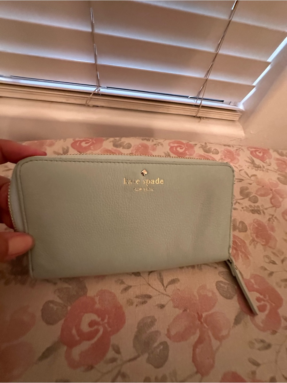 kate spade light mint zip-around wallet with gold logo